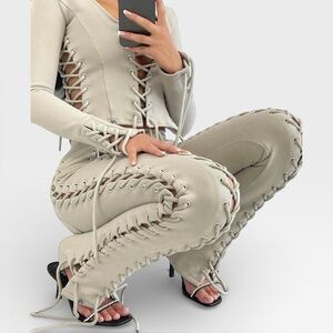 HIDDEN CULT Wynn Lace Up Tan Long Sleeve Cropped Top Size Small